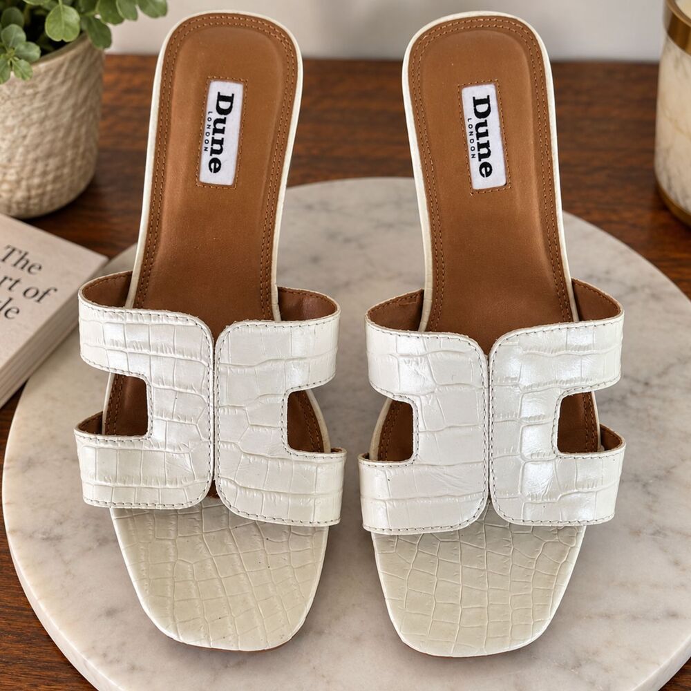 Dune London Loupe White Leather Croc Embossed Slide Sandals EU 38 US 8